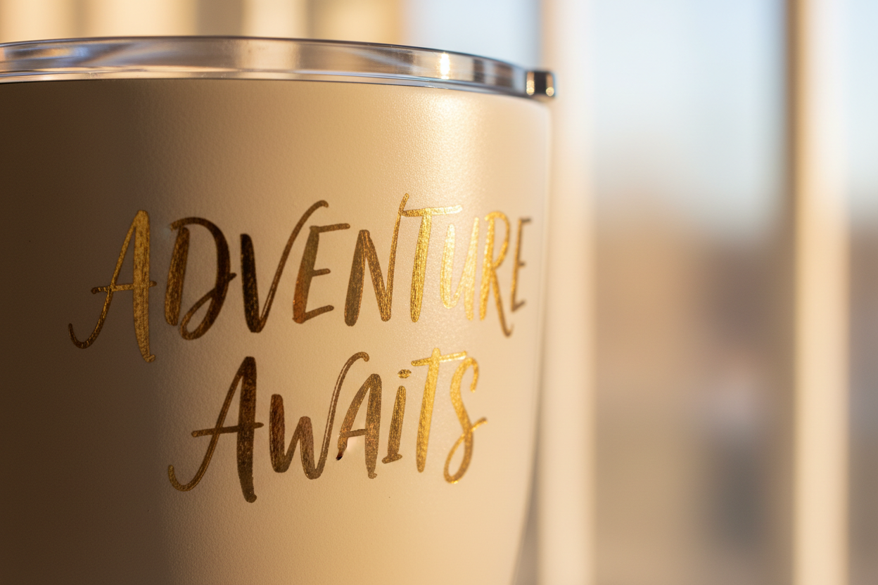 Close-up detail of hand-lettered gold quote around the tumbler collar showing script letterform quality and gold ink finish