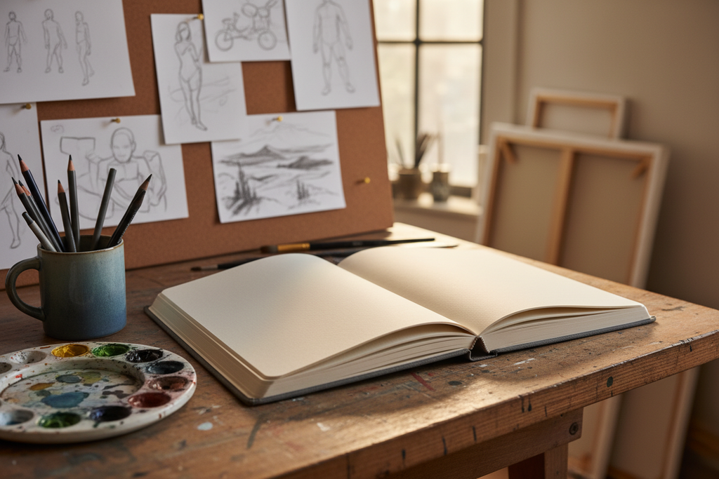 Studio Series Stone Paper Sketchbook open flat on a wooden artist drafting table beside graphite pencils, watercolor palette, and loose sketches on a mood board
