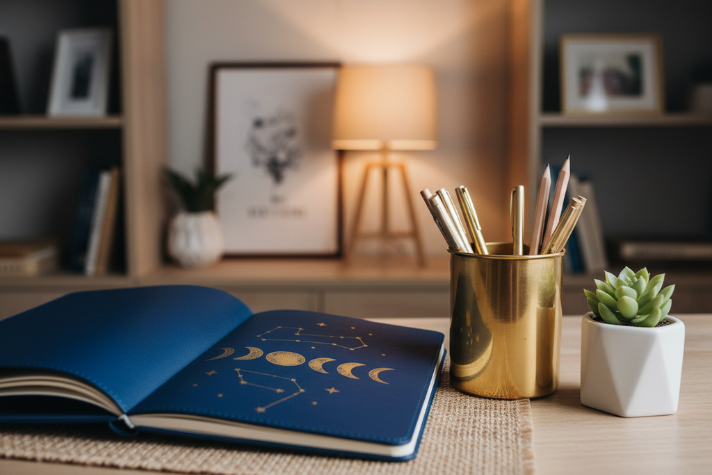 Celestial Phases Desktop Notepad in use on a styled home office desk beside a brass pen cup and small potted succulent