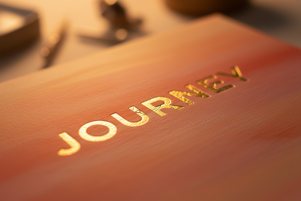 Close-up detail of gold foil stamped title lettering on the matte painted notebook cover highlighting shimmer contrast against the sunset color wash