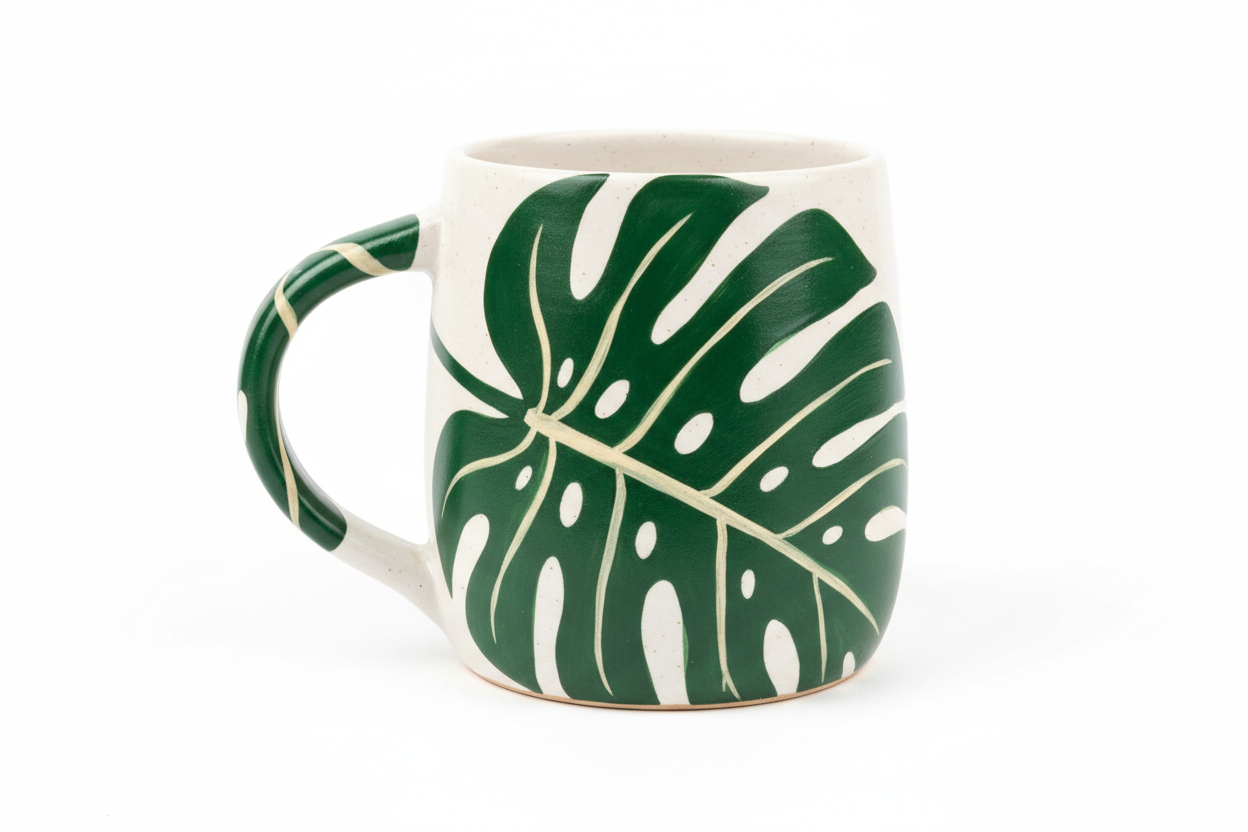 Monstera Leaf Ceramic Mug 12 oz – studio shot from three-quarter angle on white background