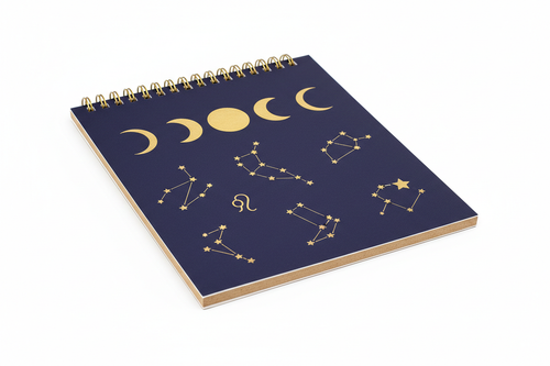Celestial Phases Desktop Notepad – studio shot showing full notepad with cover sheet and chipboard backer on white background