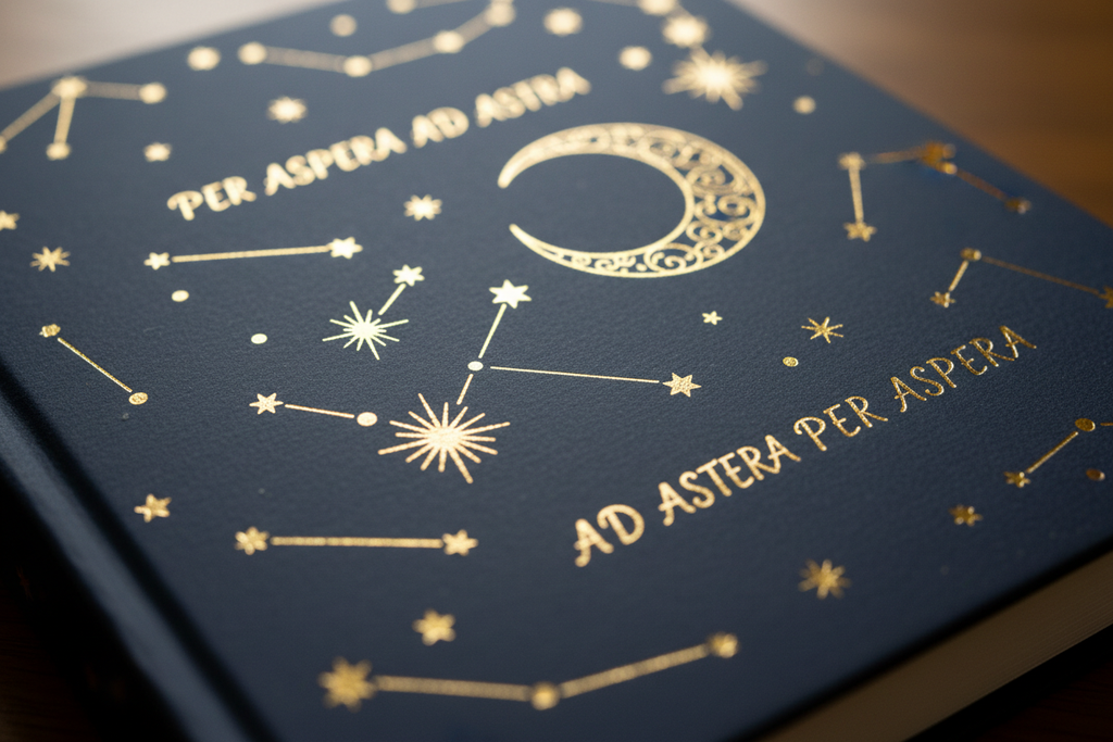 Close-up detail of gold foil stamped star map on the navy journal cover showing constellation line detail and foil depth against the matte navy ground