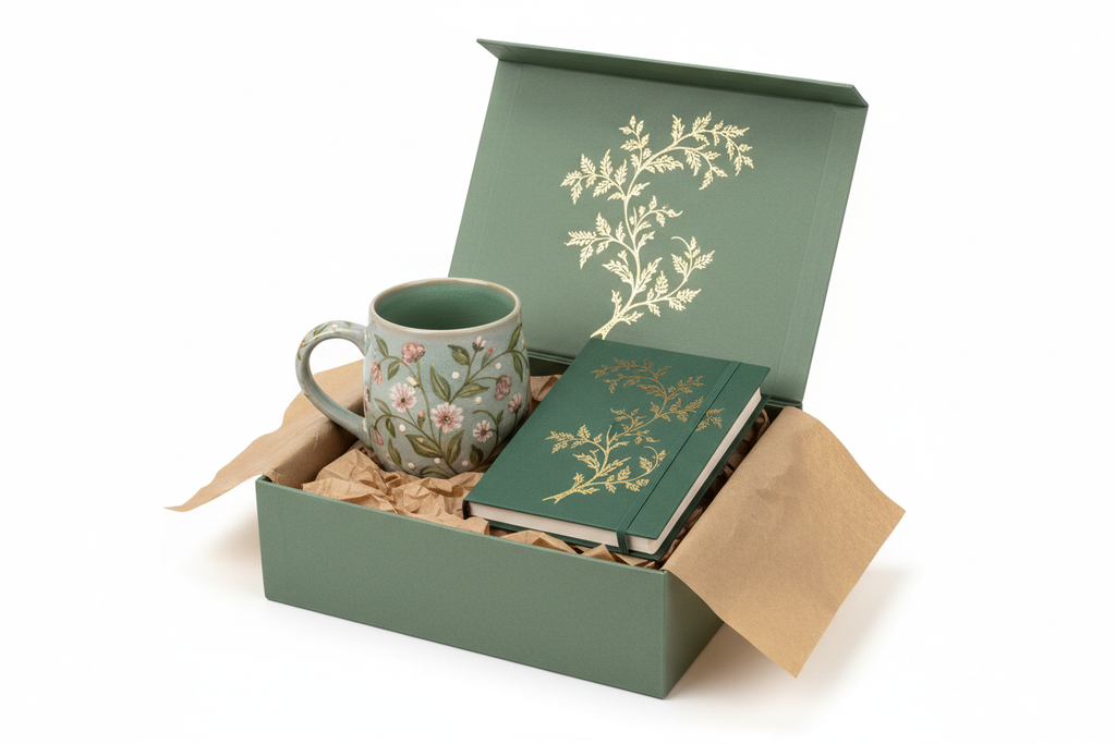 The Studio Gift Set – studio shot showing both the mug and journal arranged together outside the open gift box with all four items displayed