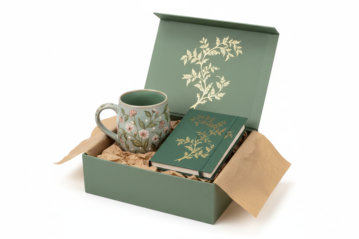 The Studio Gift Set – studio shot showing both the mug and journal arranged together outside the open gift box with all four items displayed