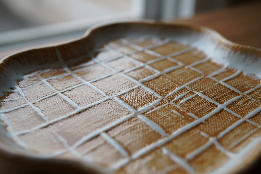 Close-up detail of the linen-weave impressed texture showing reactive glaze pooling in warm amber in the valleys and cool pearl at the peaks