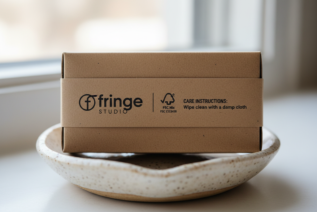 Close-up detail of the branded kraft retail packaging on a trinket dish showing the Fringe Studio logo, FSC-certification mark, and care instructions on the printed kraft belly band