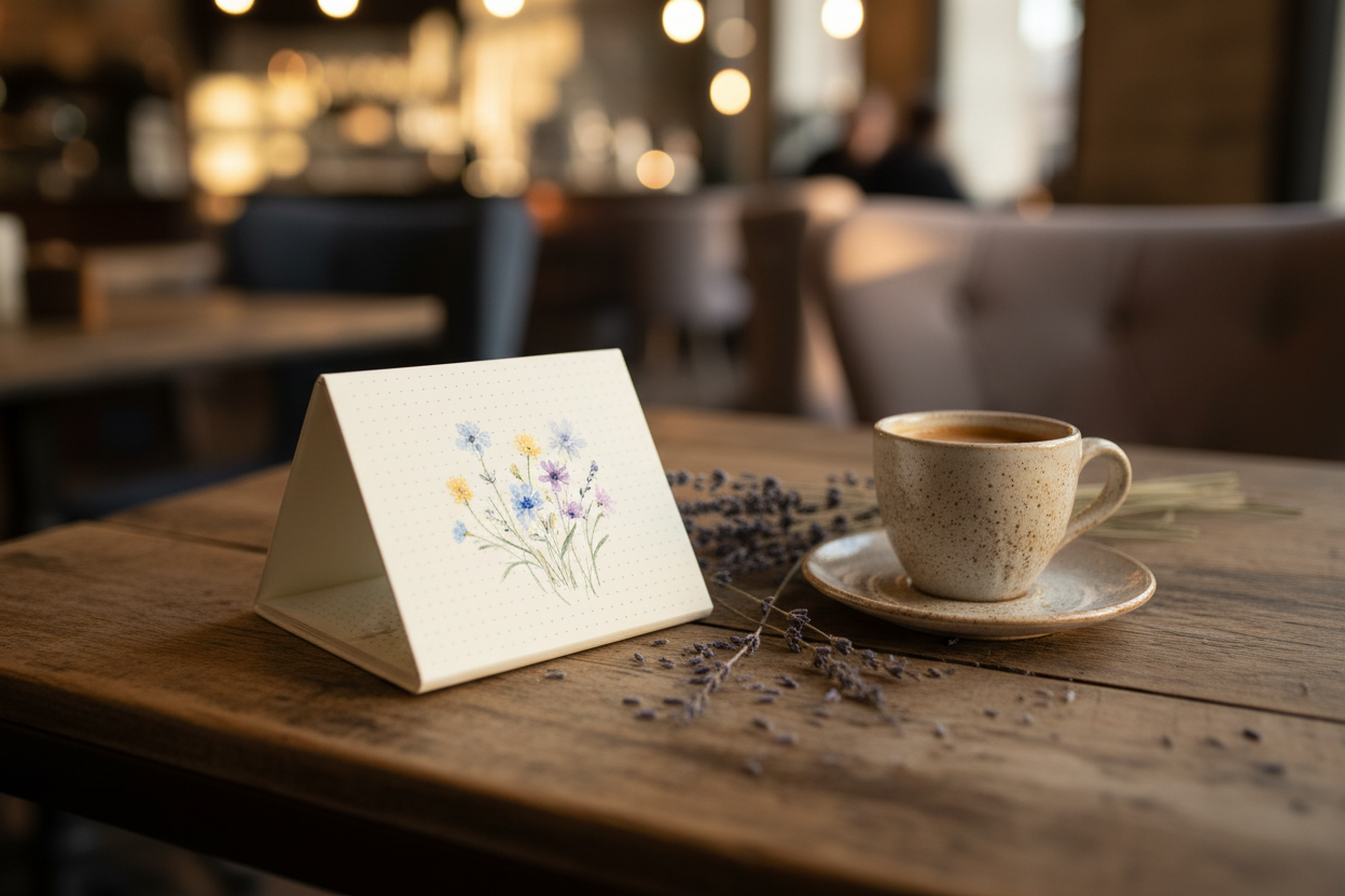 Wildflower Meadow Pocket Notebook open on café table beside espresso cup and dried lavender