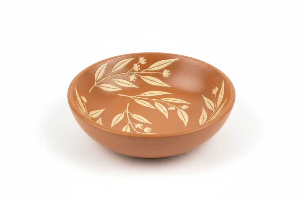 Terracotta Bloom Small Round Trinket Dish – studio shot from elevated three-quarter angle on white background