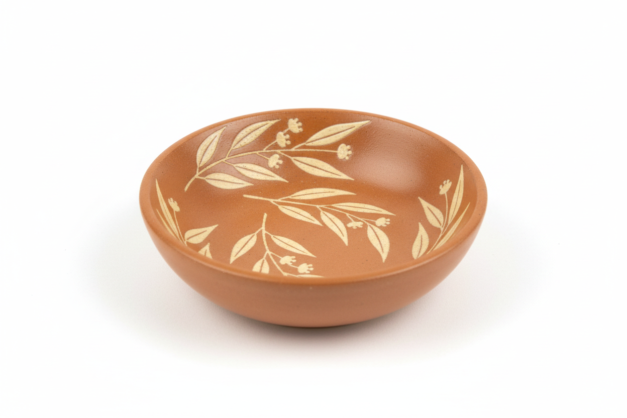 Terracotta Bloom Small Round Trinket Dish – studio shot from elevated three-quarter angle on white background