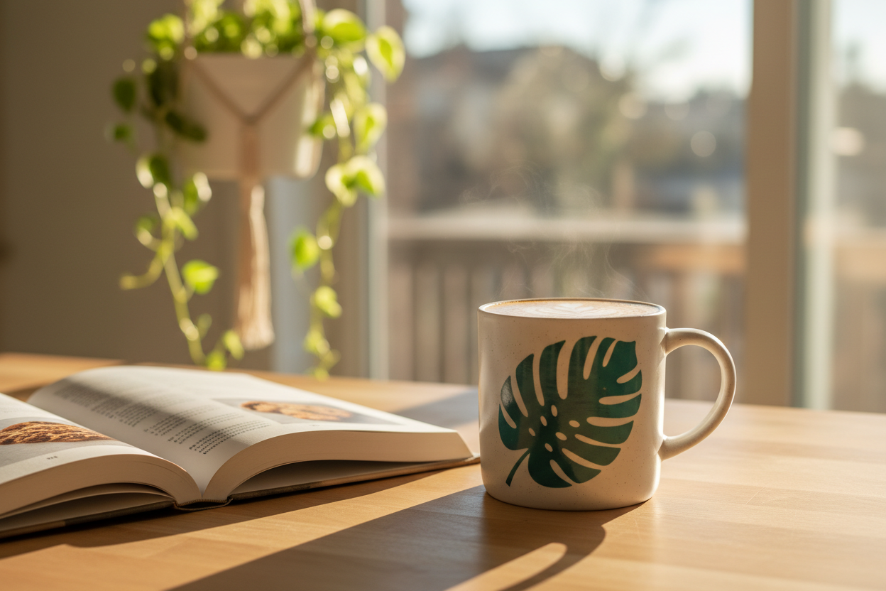 Monstera Leaf Ceramic Mug filled with creamy latte on sunlit kitchen countertop beside open cookbook and pothos plant
