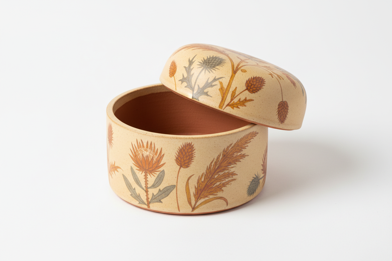 Dried Botanica Trinket Box with Lid – studio shot showing the box with the lid slightly ajar to reveal the interior finish