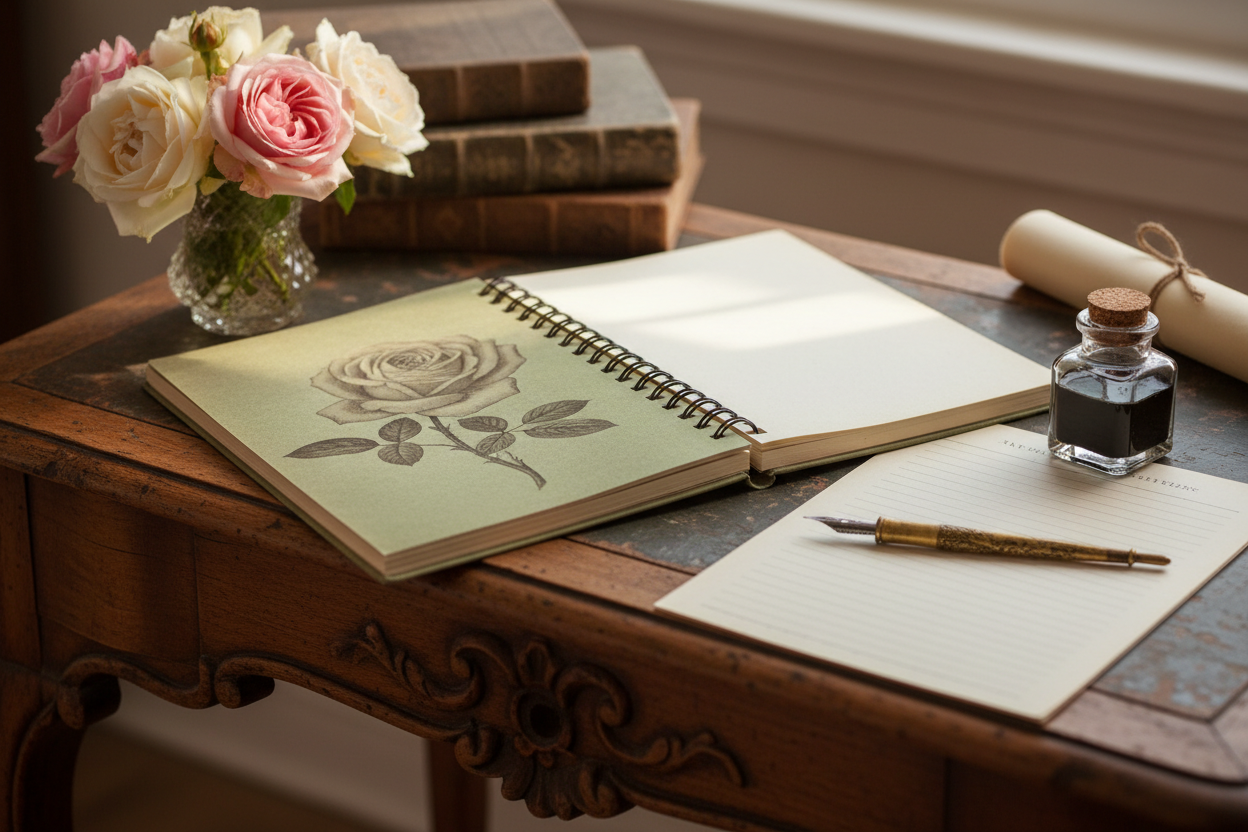 Vintage Rose Spiral Journal open flat on a vintage writing desk beside a glass ink bottle, dip pen, and a small vase of fresh garden roses